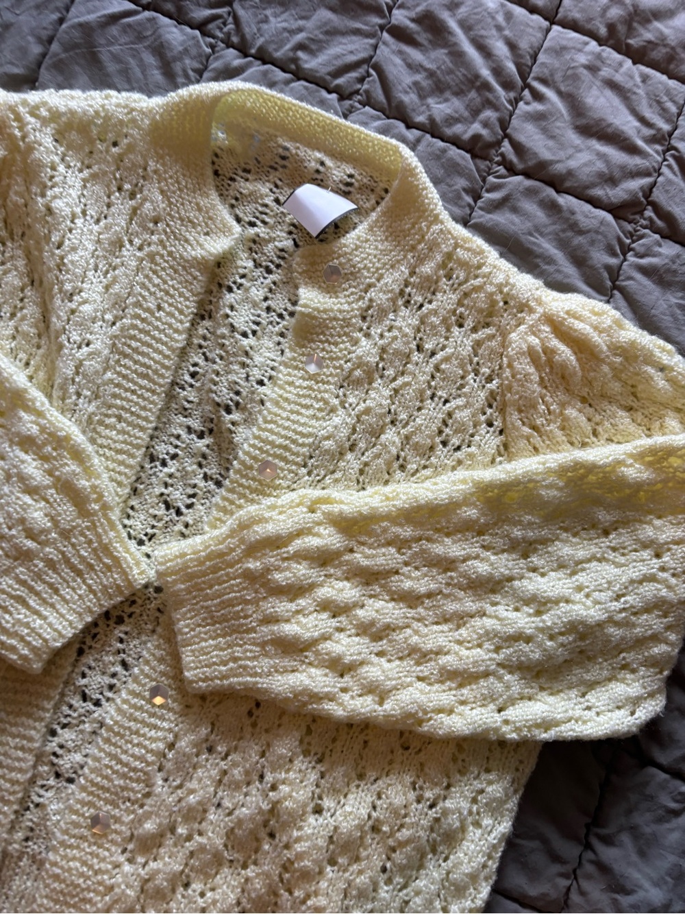 13.) Vintage Handmade / Light Yellow Open-Knit Cardigan Sweater - Cottagecore